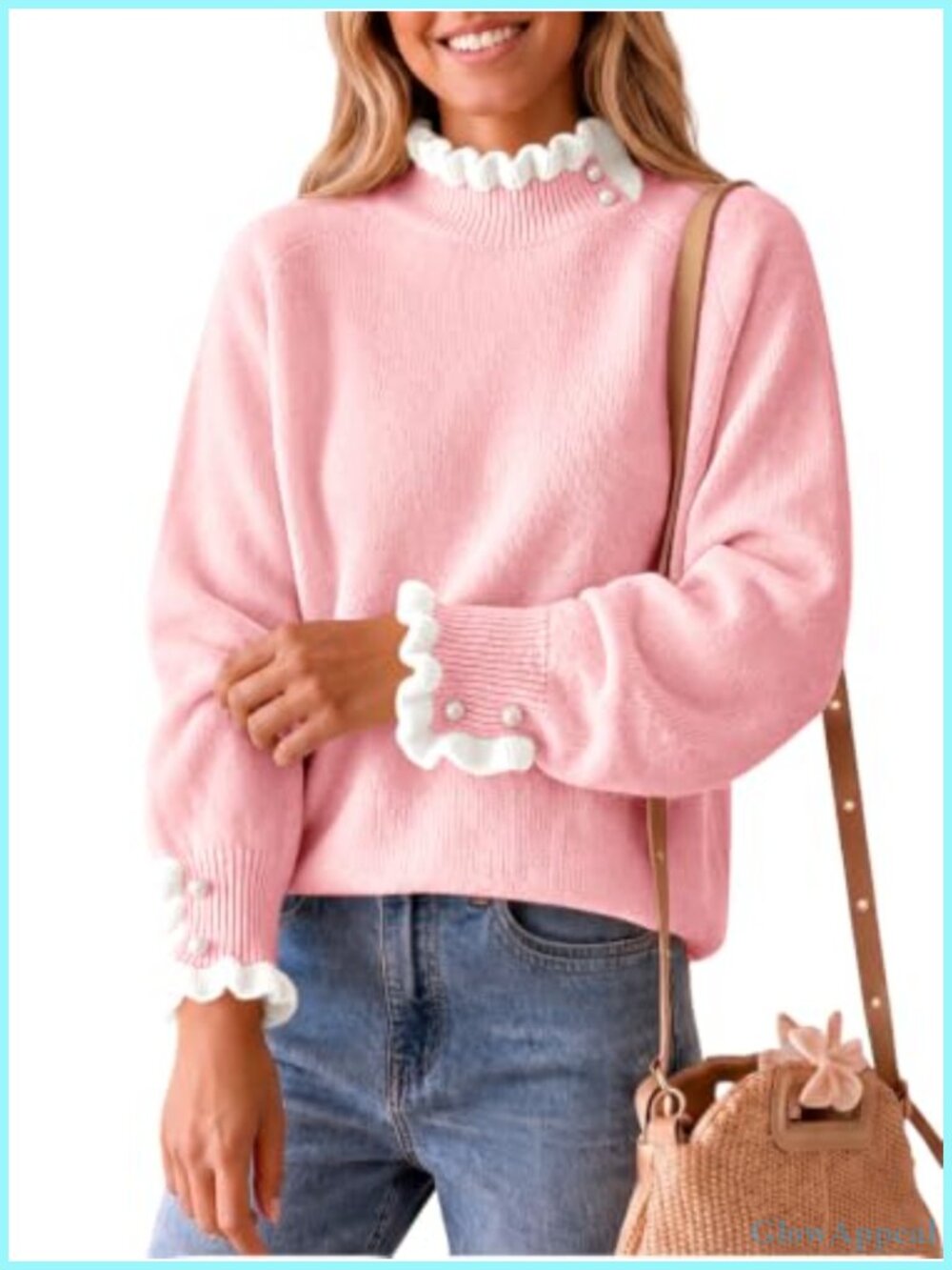 Mock Neck Ruffle Knit Pullover Sweater with Pearl Detail